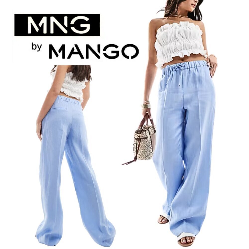 Mango Pale Blue Wide-Leg Linen-Blend Trousers